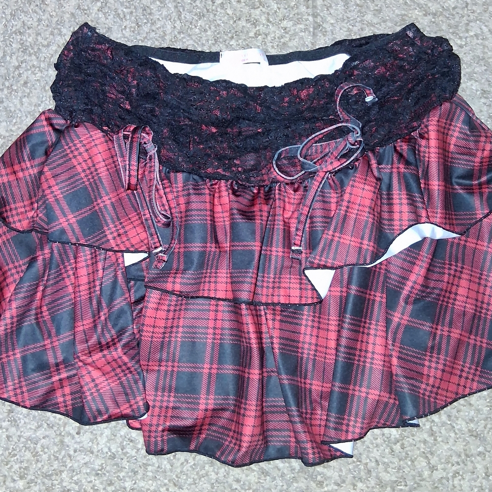 Red and Black Plaid Skirt with Lace Waist
